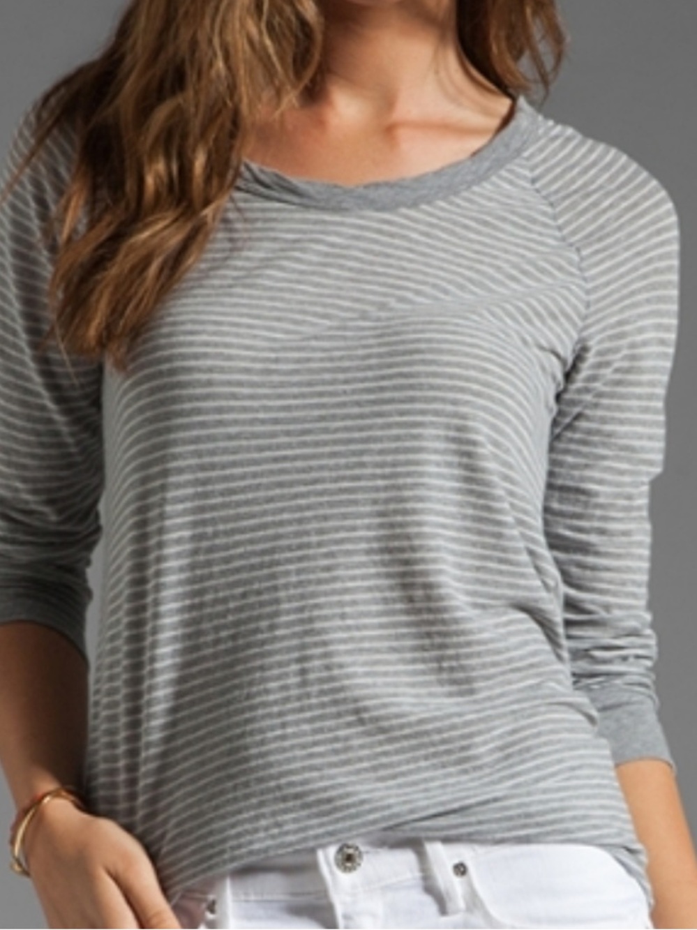 James Peres, 3/4 length Raglan shirt, gray, and white stripe.
